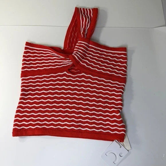 Commense Red White Wavy Stripe One Shoulder Twist Knot Knit Top NWT - Picture 2 of 8